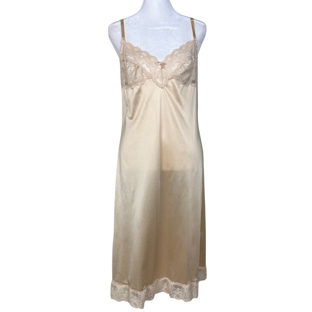 Vintage JCPenney Full Slip Lace Trim ILGWU USA Women 36/14 Beige Romantic Fairy